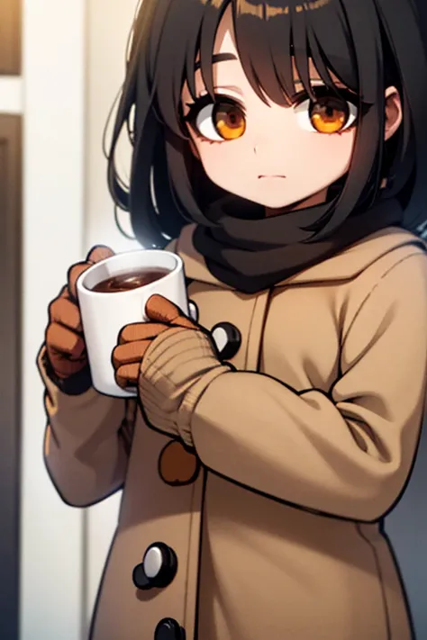 A black haired girl with brown eyes is drinking a cup of cocoa in a winter coat