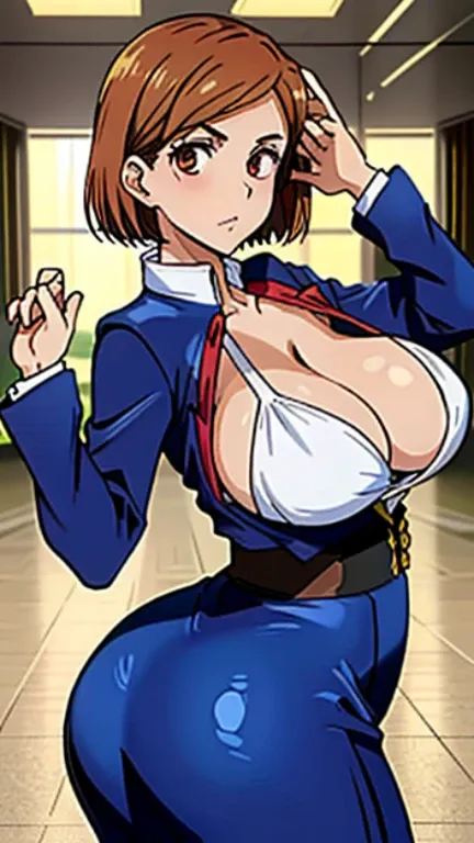 1 Anime girl in school costume posing seductively to the camera, grab chest, hand on chest, beautiful face, (big tits, big butt, curvy), (chest groping, tight chest),