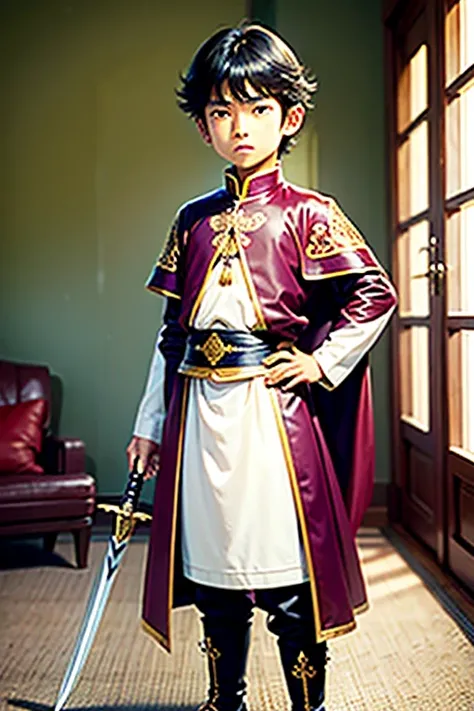 A 10 year old oriental boy, pelo negro, vestido de principe tibetano, con una espada