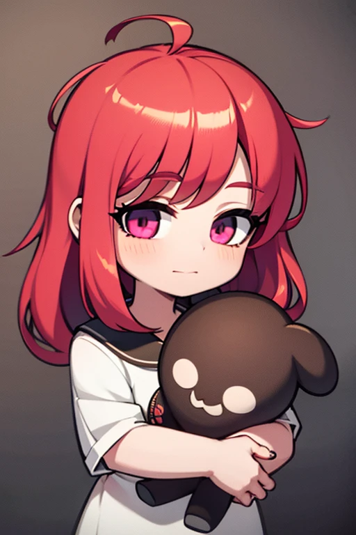 A red haired girl with red eyes is hugging a pink haired girl with violet eyes