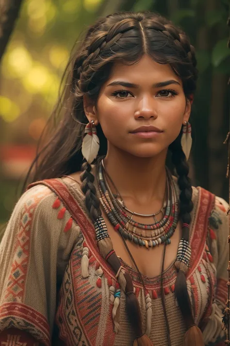 ((zendaya is a native american woman)), ((who wears the typical clothes of a squaw)), (sitting on a campfire), ((schlanke frau))...