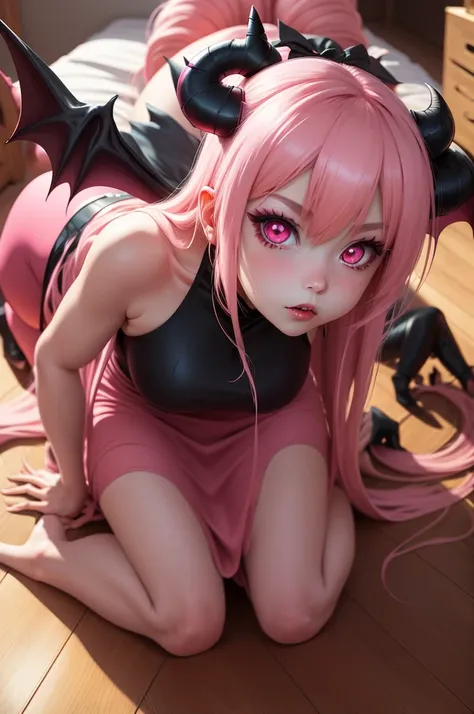 {-erro_de_anatomia:1.0} 1 girl, Anime girl with horns and light pink leotard swimsuit, crawling on the floor, long blonde hair, demon anime girl, Succubus in tight short light pink dress, Cute Succubus, Demon girl, Succubus in sun dress portrait, succubus,...