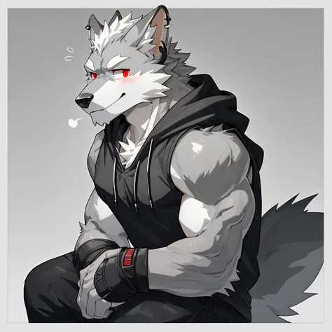 Solo, gray wolf, muscular, blush (sigh), pleasant expression, red eyes, black tank top hoodie, black sandals, black fingerless gloves, silver earrings, (two in left ear), detailed eyes, detailed face, simple gray and white (border) background (gray,white, ...