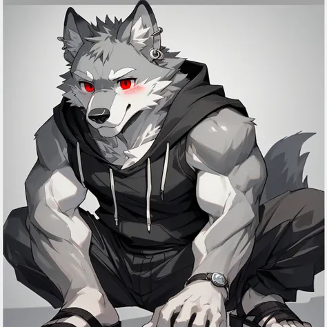 Solo, gray wolf, muscular, blush (sigh), pleasant expression, red eyes, black tank top hoodie, black sandals, black fingerless gloves, silver earrings, (two in left ear), detailed eyes, detailed face, simple gray and white (border) background (gray,white, ...