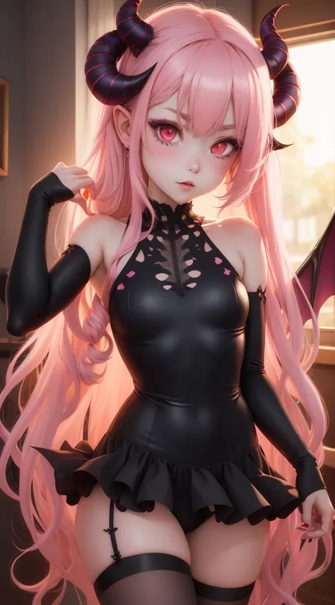 {-erro_de_anatomia:1.0} {- NFSW }1 girl, Anime girl with horns and light pink leotard swimsuit, dancing, long blonde hair, demon anime girl, Succubus in tight short light pink dress, Cute Succubus, Demon girl, Succubus in sun dress portrait, succubus, port...