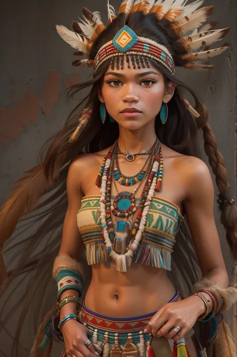 ((zendaya is a native american woman)), ((who wears the typical clothes of a squaw)), (sie sitzt an einem lagerfeuer), ((schlank...