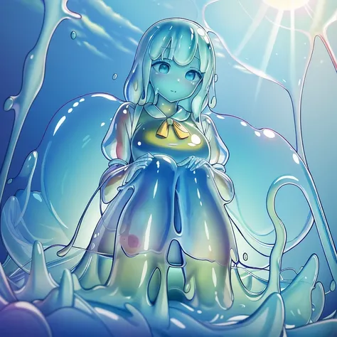 (masterpiece,best quality,ultra-detailed,best illustration:1.3), 1girl, (slime girl:1.3), ( transparent:1.3), (see-through:1.1),sitting, white highhighs, (refraction,reflection:1.1) , transparent face,transparent body,transparent skin,sunshine day