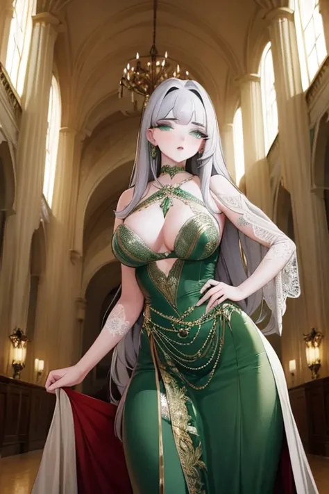 A silver haired young woman with green eyes is wearing a holiday gown in a great hall