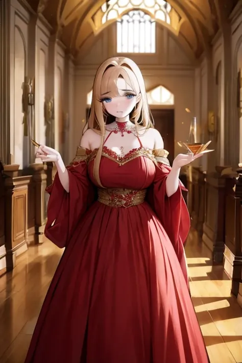 A  golden haired haired  female angel with hazel eyes is wearing a holiday gown in a great hall