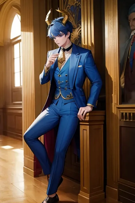 A blue  haired  dragon man with golden eyes with golden horns is wearing a fancy suit in the great hall