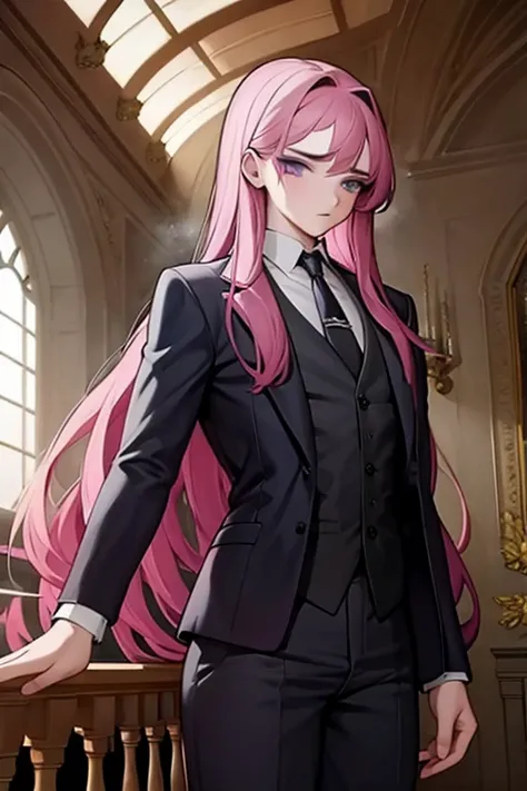 A pink haired handsome man with violet eyes with long hair is wearing a fancy suit in the great hall