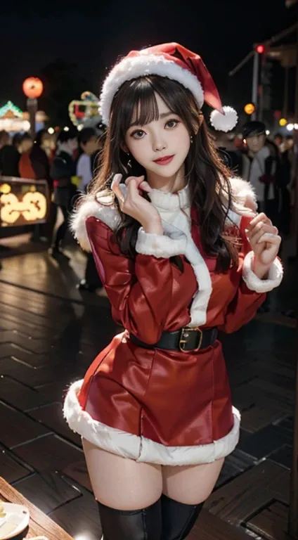 1 japanese girl, Looking at the snowy amusement park, dressed in圣诞老人服装的年轻女子双腿分开站立, Married woman, 摩洛解放阵线, mature, 巨The large的惊人女神拍摄, Japan goddess, Very and sexy, 强The large而巨The large, jaw-droppingly beautiful, Japan goddess, 非常The large的, The large, ((Sa...