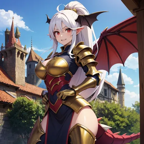 Anime style image of a dragon girl with a dragon tail, sharp teeth, sharp claws and dragon wings and she is wearing very tight armor and you are in a medieval village.