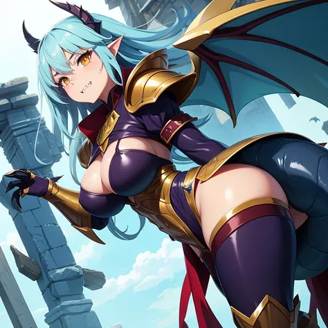 Anime style image of a dragon girl with a dragon tail, sharp teeth, sharp claws and dragon wings and she is wearing very tight armor and you are in a medieval village.