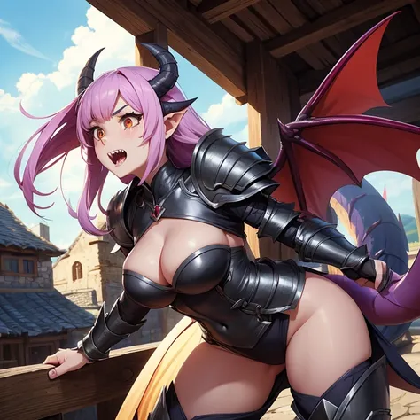 Anime style image of a dragon girl with a dragon tail, sharp teeth, sharp claws and dragon wings and she is wearing very tight armor and you are in a medieval village.