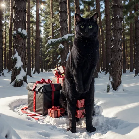 A huge, decorated Christmas tree in a snowy forest at night. Presents beneath. A shaggy black supernatural cat with glowing blue eyes.