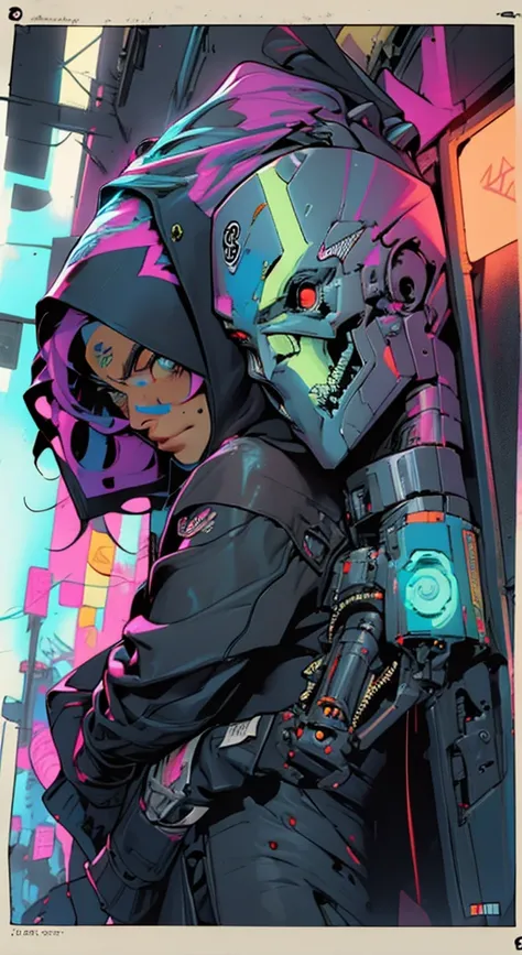 1_Color Portrait of a young man, Modern style, comic book, cyberpunk, future, colored fill, rich colors. Face tattoos, fashionable clothes, body devices.
2_The background depicts a majestic city of the future, an evening city, lights, illuminations, robots...