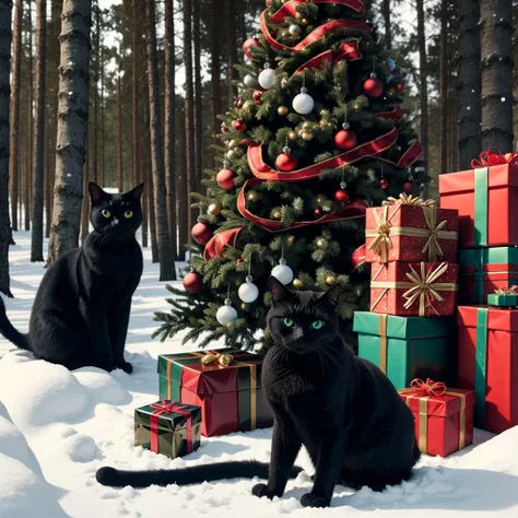 a big fully decorated Christmas tree in a snowy forest. Wrapped presents and a shaggy black cat with glowing blue eyes beneath.