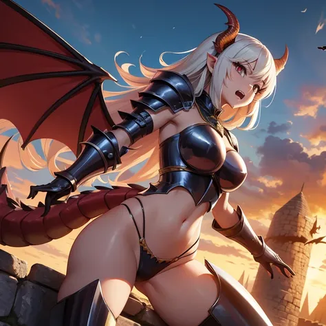 Masterpiece best quality ultra detailed Anime style image of a dragon girl with dragon tail sharp teeth sharp claws and dragon wings and she is wearing very tight armor and you are in a medieval village