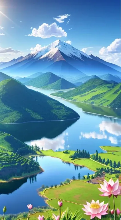 landscape,sunny blue  sky , some dramaticcloud , background  only  one mountain some bushes, a lake infront of it growing  lotus flowers , beside the grass & trees ,(extremely detailed CG unity 8k wallpaper), most beautiful artwork in the world,professiona...