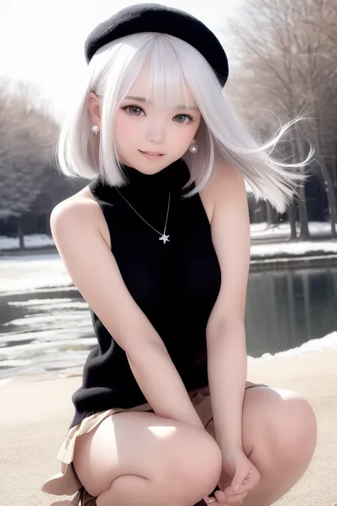 (short flowy haircut) ,(((winter season))), cute medium side bangs, (((white hair))), winter landscape with trees and a small ri...