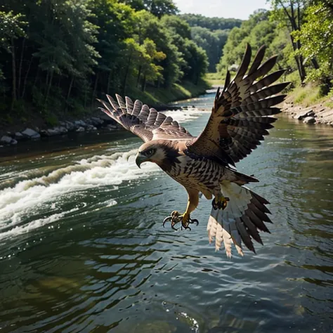 Image of hawk flying over a river super realistic image