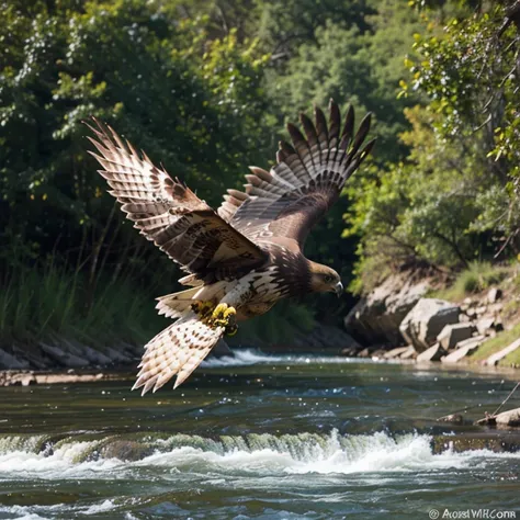 Image of hawk flying over a river super realistic image