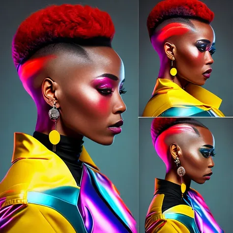 african women、eye glass, well-cut cone-shaped hair、a style with well shaved sides、it&#39;s a crazy style of 0&#39;s work., earri...