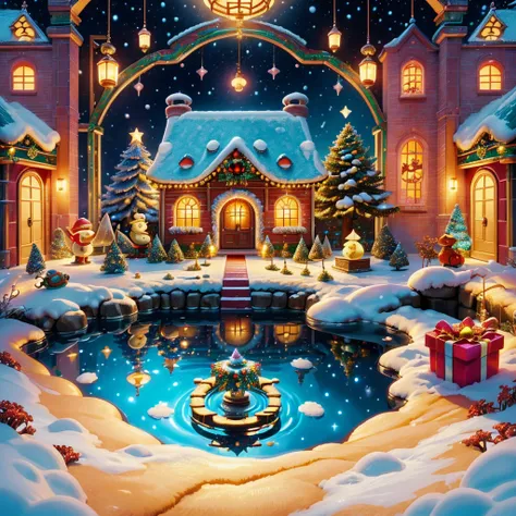 (tmasterpiece),（ultra - detailed:1.3），(Close-up: 1.8), Best quality，（棉花糖一样的白yuki:1.2），（Christmas courtyard in blue fairy tale:1.6），(蓝色门上圣诞decorationlower ring: 1.8),（suns），(((Delicious candies in front of the door，Christmas tree, gifts, Christmas stockings...