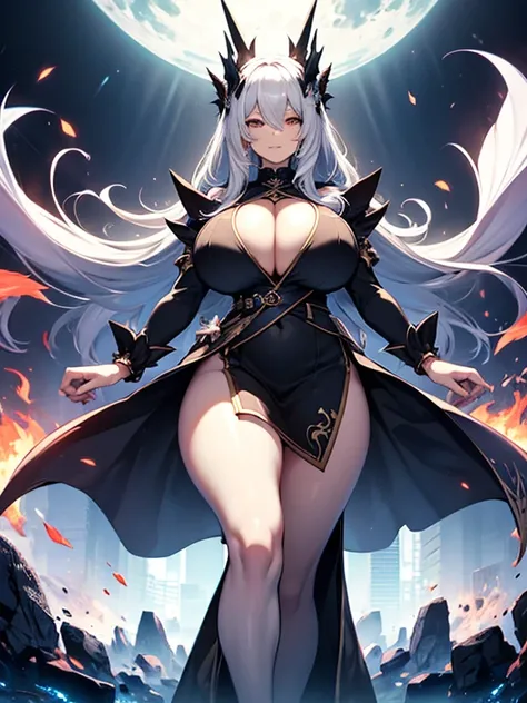 pale skin, Ghost Girl,blue flames, black backgrounds, Pale long hair, Floating, big  breasts, huge tits, Big ass, thick thight, thick waist, I can see the cleavage, pale dress, A slight smil, gigantic breasts, sagging breasts, milf,