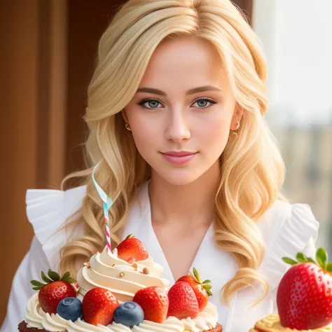 (best quality,4k,8k,high res,masterpiece:1.2),ultra-detailed, photorealistic, flaxen blonde hair,long hair, Mature and beautiful, realistic portrayal:1.2 Sailor Moon eating chocolate strawberries chip cake