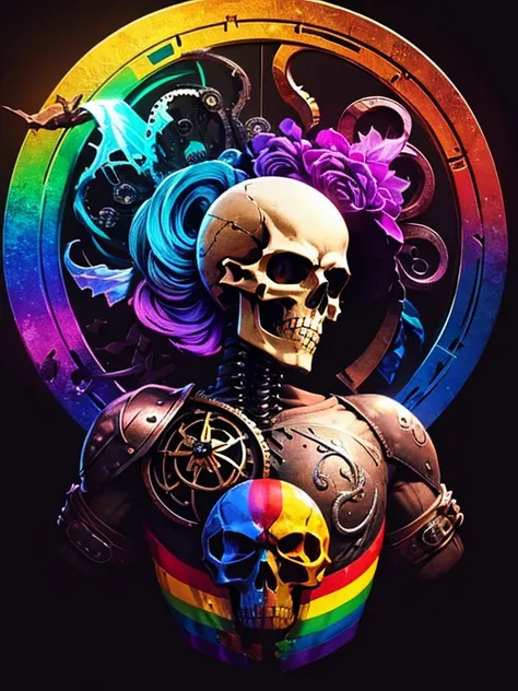 pixel sorted，Steampunk skull，flying petal，Metal polished skeleton painting of man on black background,A rainbow surrounds the skull，Form different structurereath-taking rendering, Magical rainbow elements,Splendid round rainbow combination，circular composi...