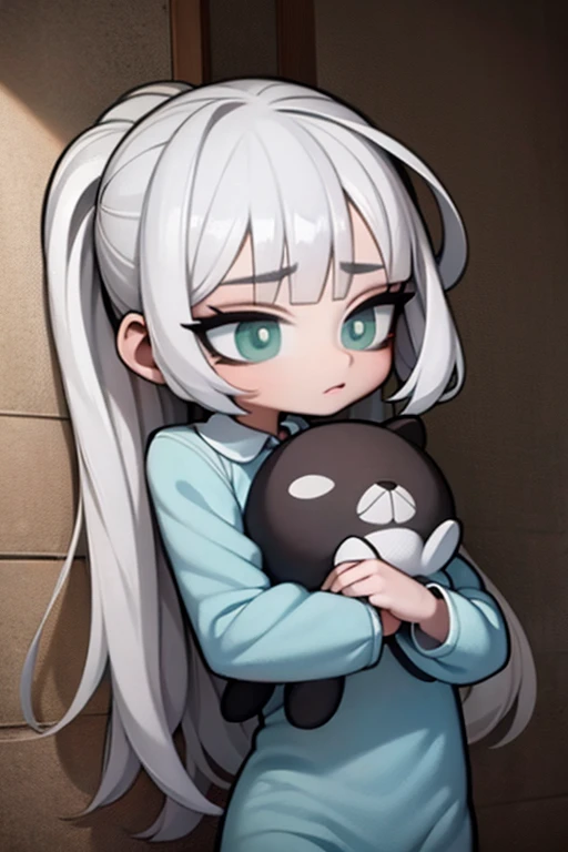 A silver haired girl with green eyes is hugging a creepy stuffed animal in pajamas