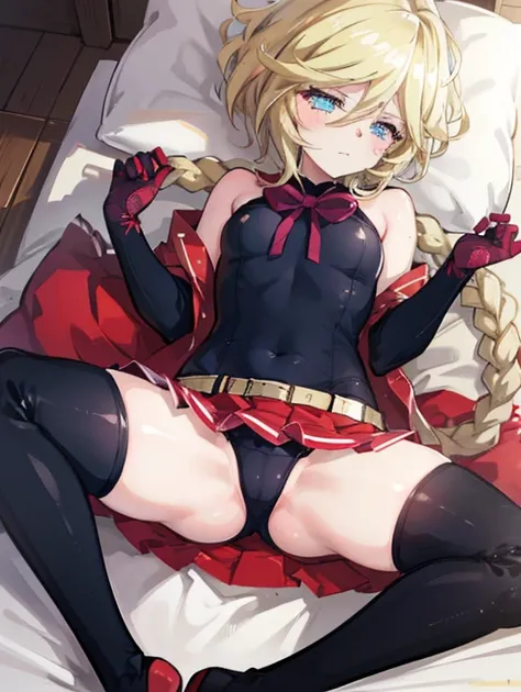 masutepiece, Best Quality,Sleeping on my back on the bed，Crab crotch，show your boots，thigh high boots，globe，Strange thieves，Elegant, 1girl in, well-muscled，Cute, blushed, Looking at Viewer, frombelow,a miniskirt, jail，Blue eyes, Beautiful eyes, Beautiful b...