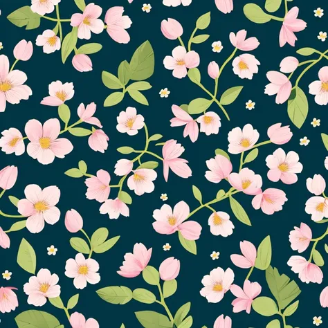 flat illustration, Size 16:9, spring flowers with leaves, whitebackground, towel fabric design