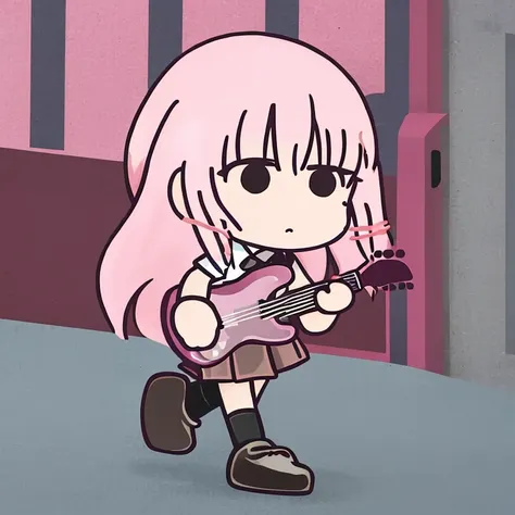 1girl, pink hair, long hair, school uniform, holding the guitar, chibi,