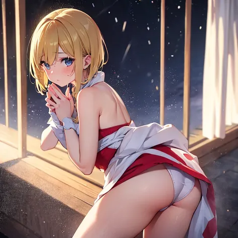 best quality,highres),A girl with blonde hair and blushing face, in a forward-leaning posture with her buttocks pushed back, holding her hands together in a praying gesture, begging with a pleading look, gazing at the viewer, with hearts floating around he...