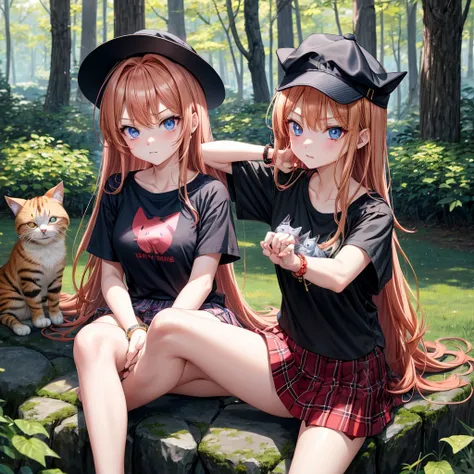 red blonde、blue eyess、one good looking girl、独奏、animesque、Plaid miniskirt、Black T-shirt、camisole、the woods、Sunlight、sitting on、wearing hat、bare-legged、cute bracelet、tilting the head、holding a cat with both hands、glaring