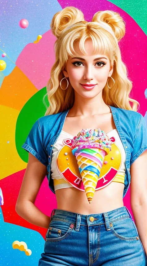 "(Mature and realistic portrayal:1.2) Sailor Moon exuding confidence as she holds an  cream cone, her blonde hair cascading down, adorned in stylish rainbow denim clothes from the 2000s, with a backdrop filled with sprinkles."