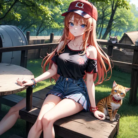 red blonde、blue eyess、one good looking girl、独奏、animesque、Plaid miniskirt、Black T-shirt、camisole、the woods、Sunlight、sitting on、wearing a baseball cap、bare-legged、cute bracelet、tilting the head、Holding a cat、glaring