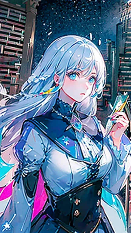 (Outstanding picture quality),(Master&#39;s Wordd), (((1girl)))独奏,long white Hair,blue eyes, (Without a smile),Best Quality,finely detail,Masterpiece, (magic book:1.4),(Ultra-detailed),(Detailed description of the eyes:1.2),(floating Colorful wind:1.4),(Th...