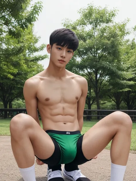 16 years old teenagers , very young , light-skin , wearing an dark green sexy underwear, tmasterpiece，k hd，the feet ，black long socks，The barefoot , green colour , handsome and cute , extreme cute boy , white skin , dark green underwear boxers shorts , ext...