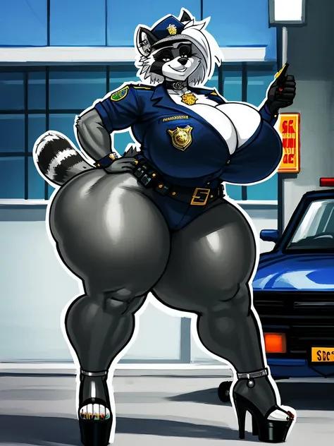 by sligarthetiger, by sssonic2, by snao, (large breasts), (wide hips), (thick thighs), (big butt), furry, anthro, raccoon, high heels, best quality, illustration, tail, police car, white inner ear, grin, choker, police station, platform heels, grey body, p...