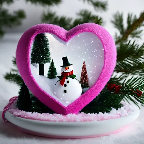 Hyper detailed a close up of Heart shaped snow globe with a snowman inside of it,snowman wearing a pink hat and pink scarf , 5d, with frozen rose around her, accurate depiction,night time There was a dark blue shadow on the ground. The snow globes are a hi...