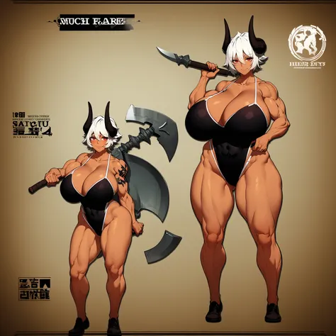 helga, dark-skinned female, short hair, silver hair, horns, red eyes, , huge breasts, no wings, muscular female, thick thighs, thick arms, tomboy,full body tatto,, no tail,fertility tatto, breeding tatto,smug, holding axe, reflection light, blending, bloom...