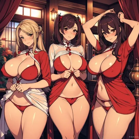 dress type 1 on multiple thick body large breast females, (show bare breast and nipples hanging out of dress), (make dress transparent), (dress open center show red panties), nsfw