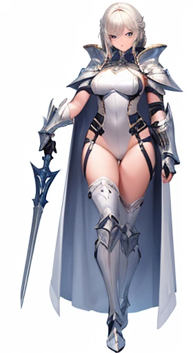 (((Best Quality))) , ((full body)), female, reference sheet, solo, (white background), holding weapon, white cloak, gauntlets, holding shield, leotard, armored dress, waist armor,