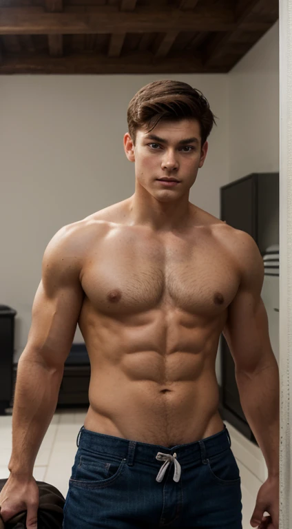 Peter Parker , 17 years old, military haircut, dark brown hair, intense blue eyes, intense gaze, affiliated features, no facial hair, height 1.83, weight 80 kg, muscular build, broad shoulders, V-shaped body, tattoo on right arm, full body focus, completel...