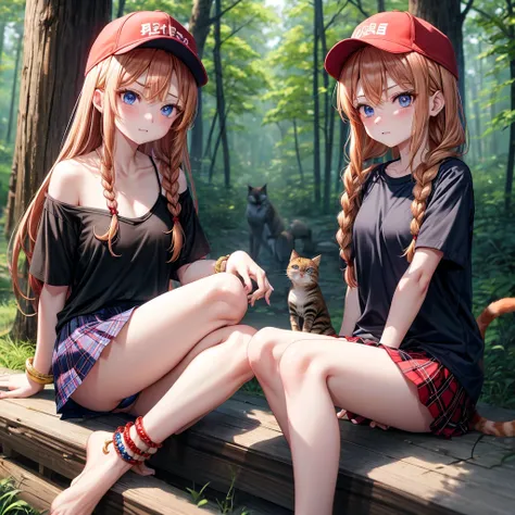 red blonde、blue eyess、Braids、one good looking girl、独奏、animesque、Plaid miniskirt、Black T-shirt、camisole、the woods、Sunlight、sitting on、wearing a baseball cap、bare-legged、small bracelet、Tilting your face、Hugging a cat、glaring