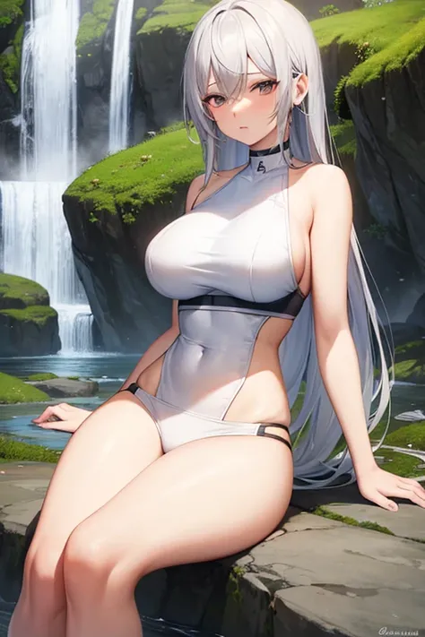 female person meditating, silver hair, skimpy underwear, waterfall background,